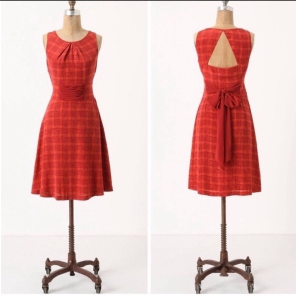 Anthropologie Goji Red Plaid Silk Dress